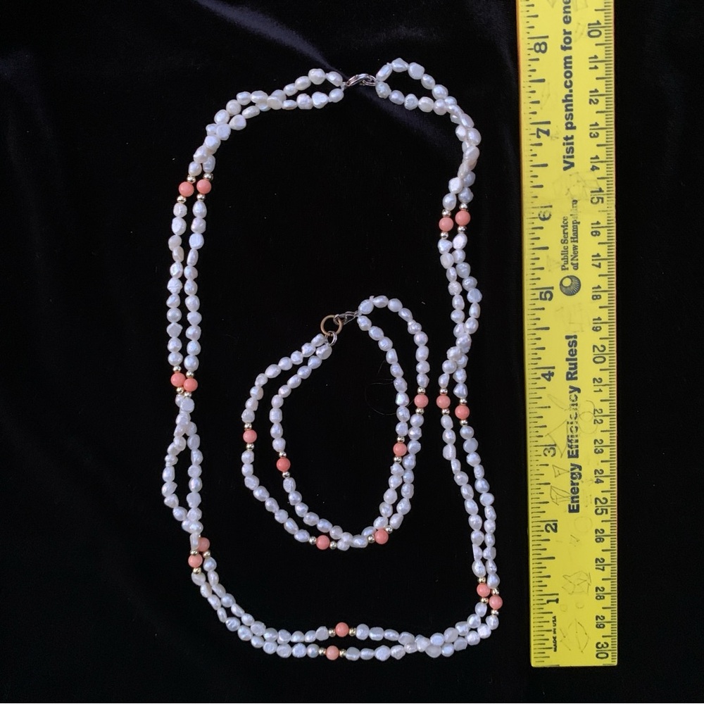 Elegant Freshwater Pearl and Coral Necklace and Bracelet